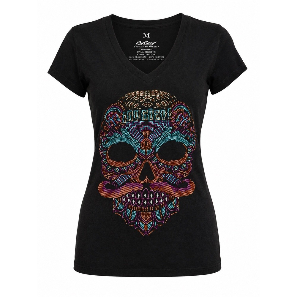 AyGüey Sugar Skull Rhinestone Tee M Whimsygoth Mexico Boho Bling Shirt